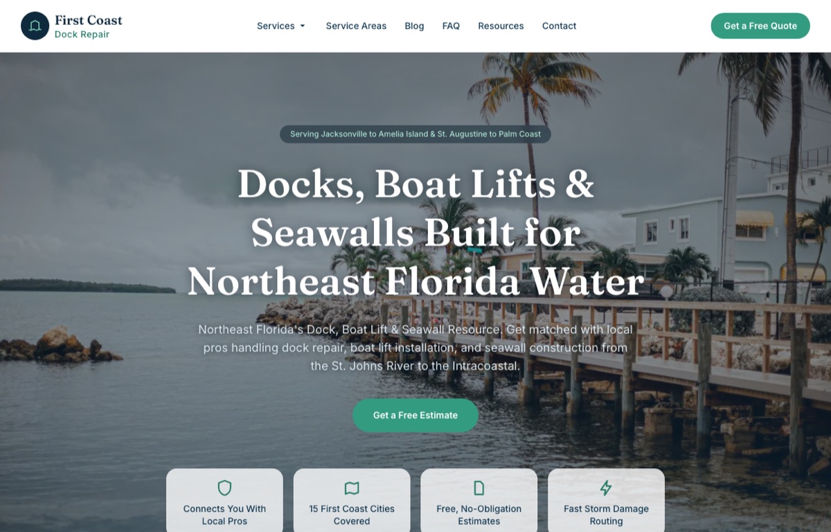 DockRepairFirstCoast.com, a dock and boat lift lead generation site covering 15 Northeast Florida cities