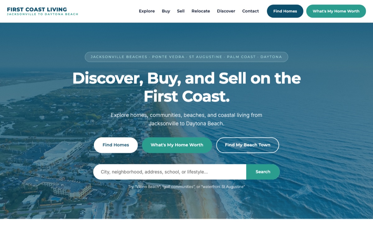 Homepage of First Coast Living, a Northeast Florida real estate lead generation site covering the coast from Jacksonville Beaches to Daytona