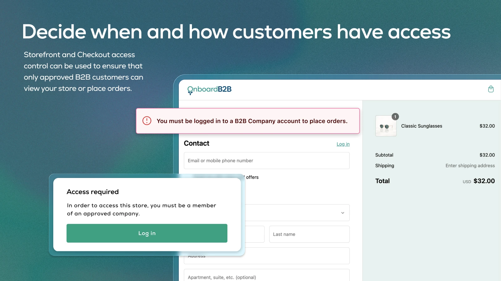Onboard B2B storefront and checkout access control blocking an unapproved visitor from completing a B2B checkout