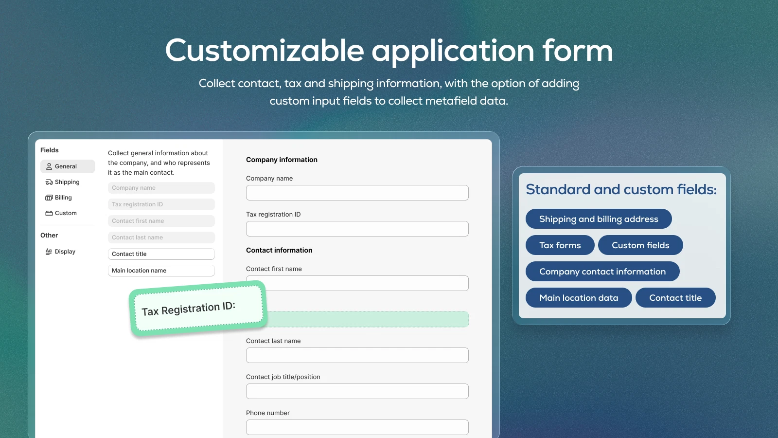 Onboard B2B customizable wholesale application form collecting company, tax and contact details