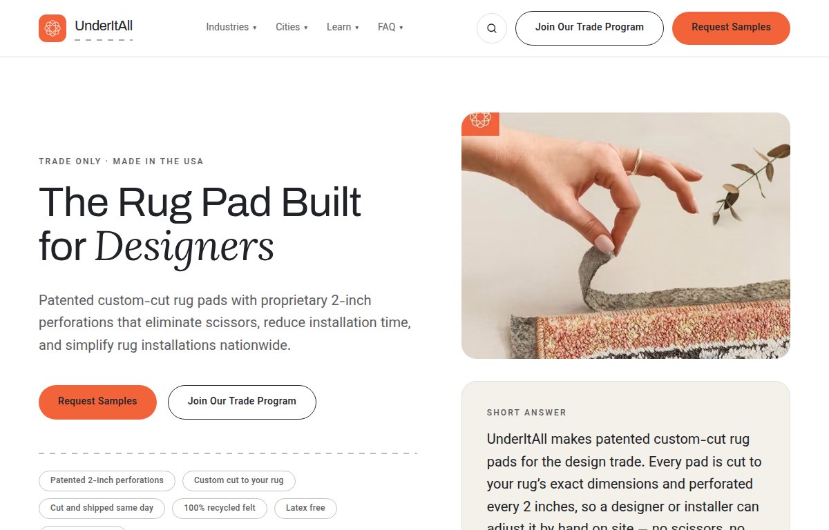 Homepage of Designer Rug Pads at designerrugpads.com